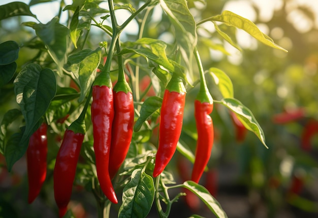 Zdjęcie czerwonej rośliny chili z czerwonymi dojrzałymi dreszczami chili na plantacji rolniczej