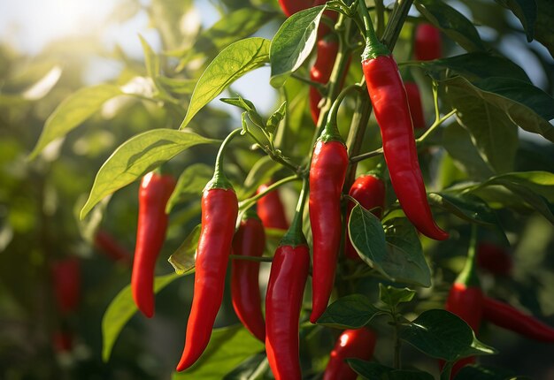 Zdjęcie czerwonej rośliny chili z czerwonymi dojrzałymi dreszczami chili na plantacji rolniczej