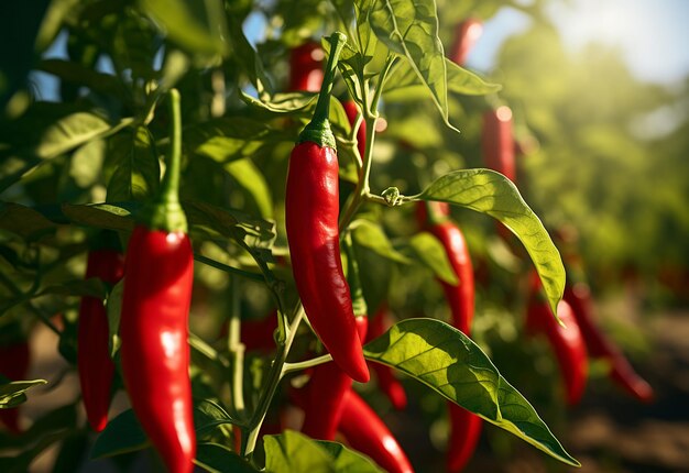 Zdjęcie czerwonej rośliny chili z czerwonymi dojrzałymi dreszczami chili na plantacji rolniczej