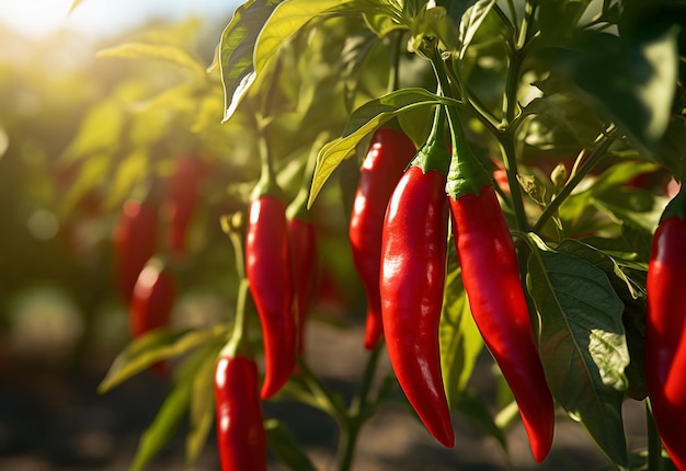 Zdjęcie czerwonej rośliny chili z czerwonymi dojrzałymi dreszczami chili na plantacji rolniczej