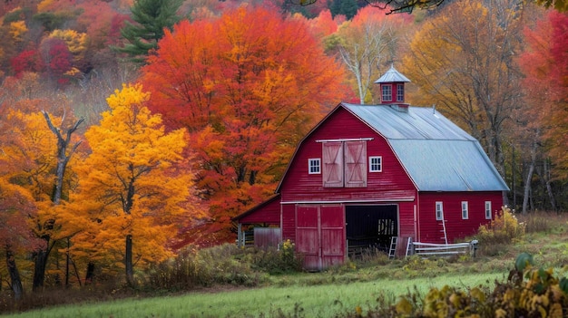 Zdjęcie czerwonej stodoły otoczonej żywymi jesiennymi liśćmi