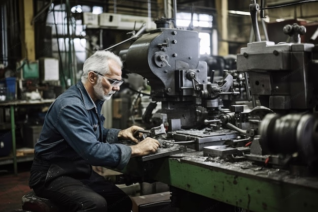Zdjęcie człowieka pracującego nad maszynami w fabryce stworzonej za pomocą sztucznej inteligencji generatywnej