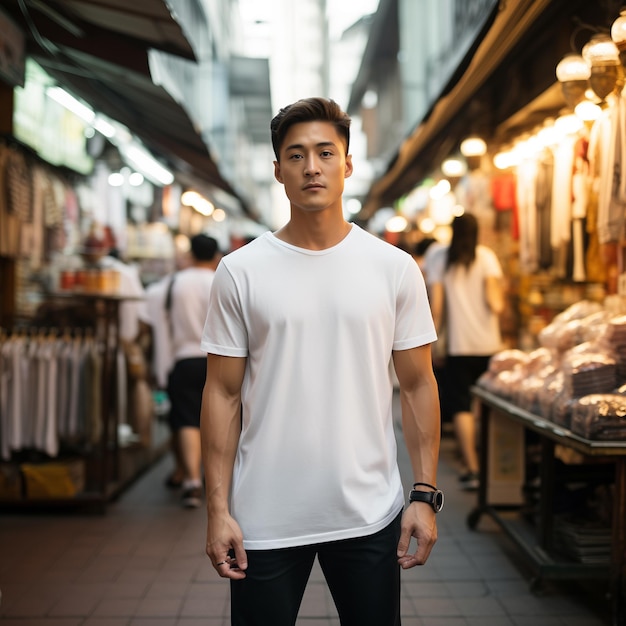 Zdjęcie czystej białej koszulki Azjat stojący na targu