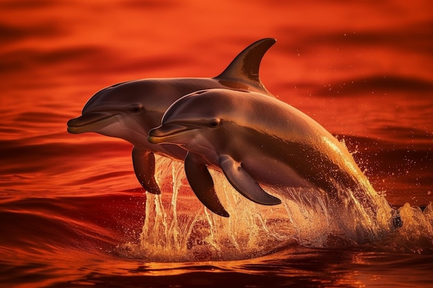Zdjęcie delfina z otwartymi ustami i ogonem zanurzonym w wodzie.