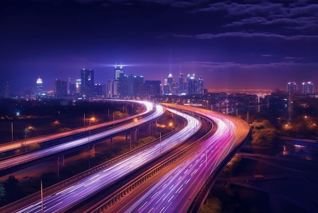 Zdjęcie długiej ekspozycji panoramy miasta lub innego krajobrazu miejskiego w nocy, rejestrujące ślady światła z poruszających się pojazdów lub innych źródeł światła