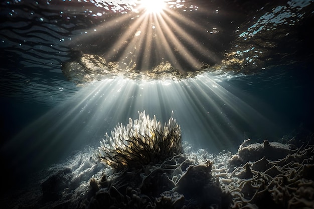 Zdjęcie dna oceanu ze słońcem przebijającym się przez wodę