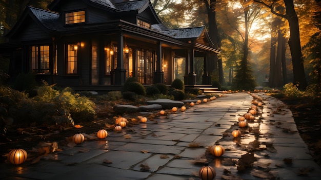 Zdjęcie domu i chodnika ozdobionych na Halloween Halloween tło