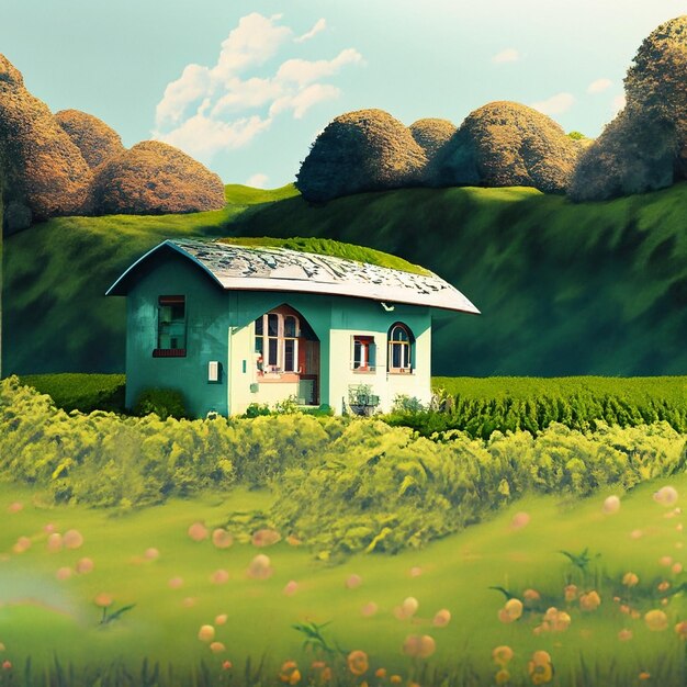 Zdjęcie domu siedzącego pośrodku bujnej zieleni generatywnej ai