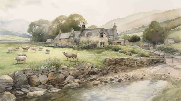 Zdjęcie domu wiejskiego z krowami na pierwszym planie i rzeką w tle