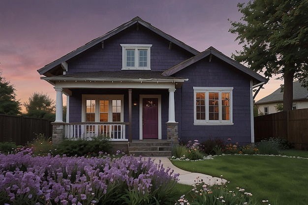 Zdjęcie domu z fioletowym kwiatem generatywnym ai
