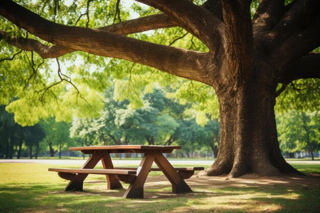 Zdjęcie drewnianego stolika na pikniku pod dużym drzewem w parku