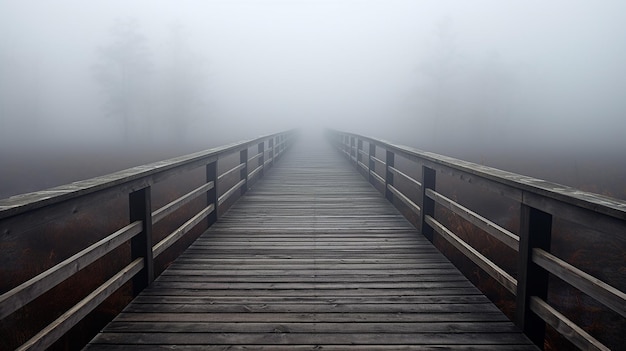 Zdjęcie drewnianych chodników z gęstą mgłą