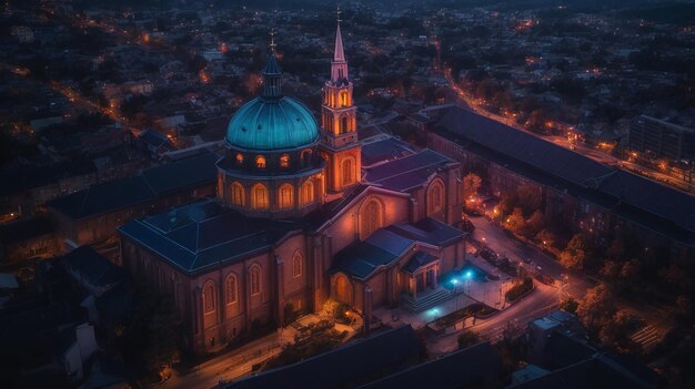 Zdjęcie drona z góry na szczycie kościoła w nocy Ai