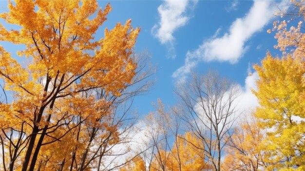 Zdjęcie drzew z żółtymi liśćmi na tle błękitnego nieba.