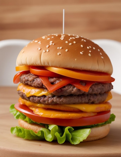 Zdjęcie dużego podwójnego cheeseburgera z kurczakiem z latającymi składnikami wyizolowanymi na drewnianym jedzeniu Burger