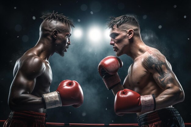 Zdjęcie dwóch bokserów wagi ciężkiej walczących zaciekle wygenerowane przez sztuczną inteligencję