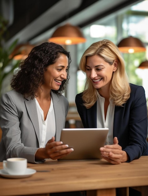 Zdjęcie dwóch kobiet biznesu używających razem tabletu cyfrowego podczas współpracy w pracy