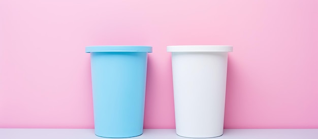 Zdjęcie dwóch kubków kawy na różowej ścianie z przestrzenią do kopiowania