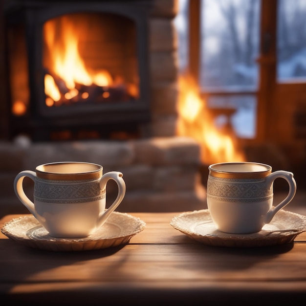 Zdjęcie dwóch kubków na wełnianą herbatę lub kawę przy przytulnym kominku podczas zimowych wakacji w wiejskim domu