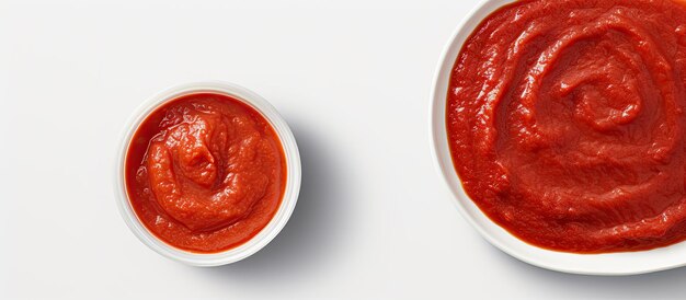 Zdjęcie dwóch misek wypełnionych żywym czerwonym sosem na białym tle z przestrzenią do kopiowania
