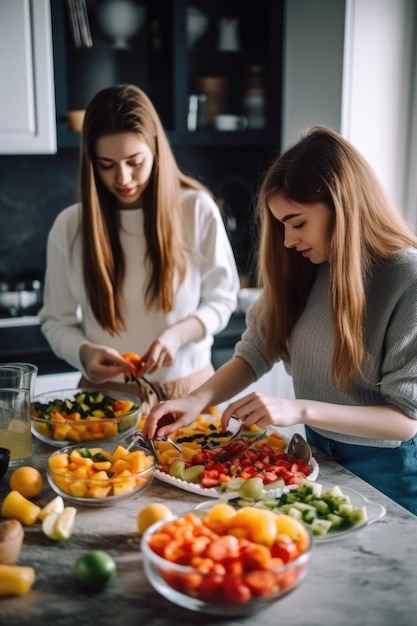 Zdjęcie dwóch młodych kobiet robiących sałatkę owocową na blacie kuchennym stworzone za pomocą generatywnej sztucznej inteligencji