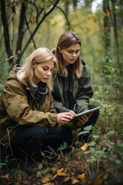 Zdjęcie zdjęcie dwóch młodych kobiet używających cyfrowego tabletu podczas wspólnej pracy w rezerwacie przyrody