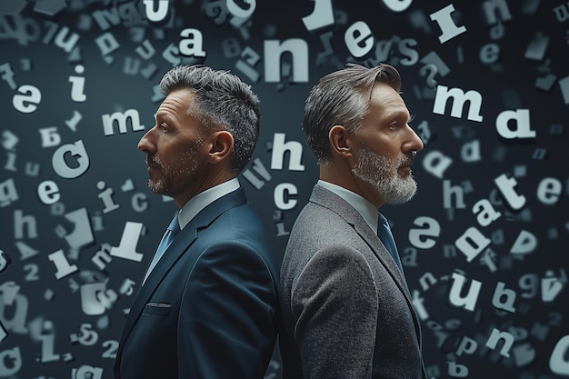 Zdjęcie dwóch profesjonalistów biznesmenów stojących od tyłu do tyłu alfabety pływające wokół nich