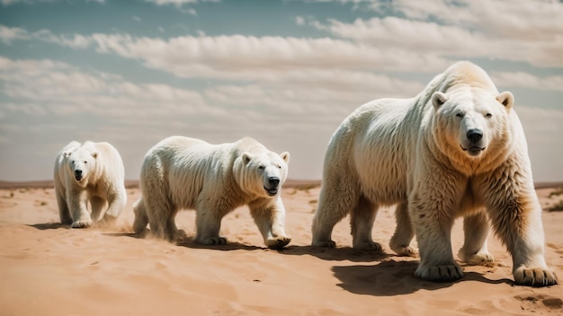 Zdjęcie dwóch uroczych puszystych niedźwiedzi polarnych stojących przed kamerą leżących na piaszczystej ziemi w