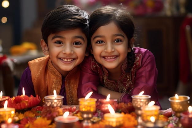 Zdjęcie dwójki młodego rodzeństwa świętującego festiwal Bhai Dooj lub Diwali