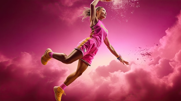 zdjęcie dynamicznego różowego i złotego koszykarza robiącego slam dunk na tętniącym życiem boisku