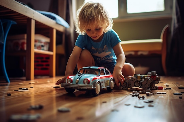 Zdjęcie zdjęcie dziecka bawiącego się zabawkowym samochodem na podłodze