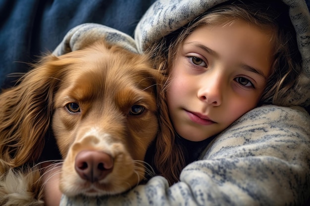 Zdjęcie zdjęcie dziecka i jego psa przytulonych razem na przytulnej kanapie. generatywna ai