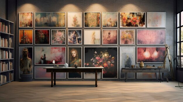 Zdjęcie dzieł sztuki w mediach mieszanych tworzące zróżnicowaną atmosferę galerii