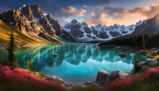 zdjęcie dzieła sztuki górskiego jeziora z górą za kulisami