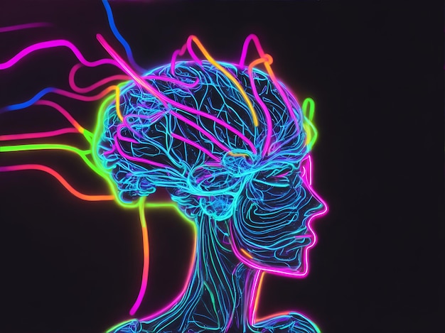 Zdjęcie dzieła sztuki neonowej przedstawiające stylizowaną głowę kobiety w żywych kolorach