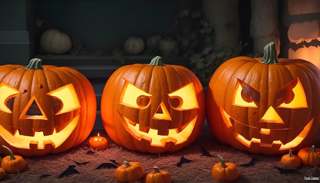 Zdjęcie dzień Halloween oczy lampionów z dyni Generative AI