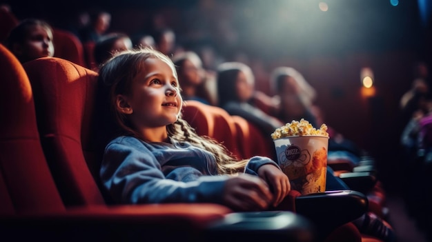 Zdjęcie zdjęcie dziewczyny oglądającej ekscytujący film w ciemnym kinie