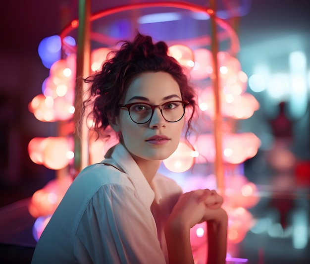 Zdjęcie dziewczyny w okularach neonowych świateł