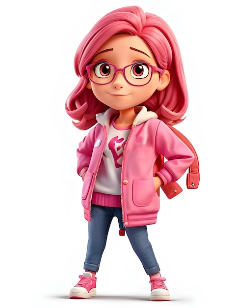 Zdjęcie dziewczyny z kreskówki z różową kurtką i okularami