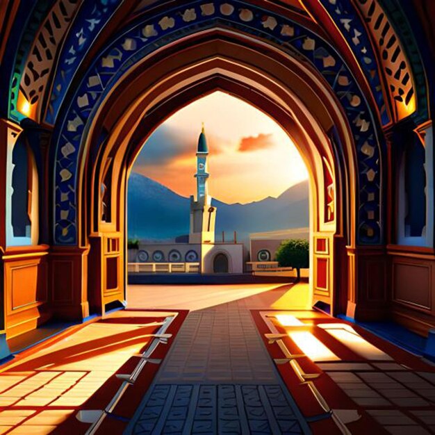 zdjęcie eleganckiej ilustracji 3D meczetu z bramą pośrodku