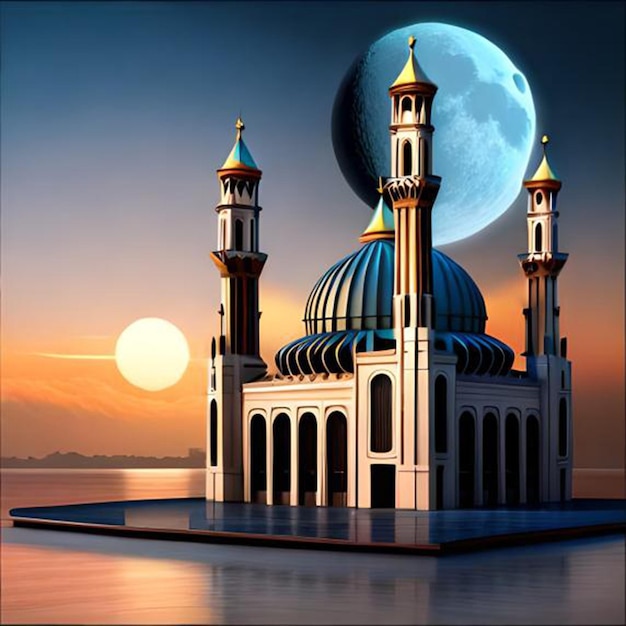 zdjęcie eleganckiej ilustracji 3D przedstawiającej zachód słońca i księżyc w meczecie