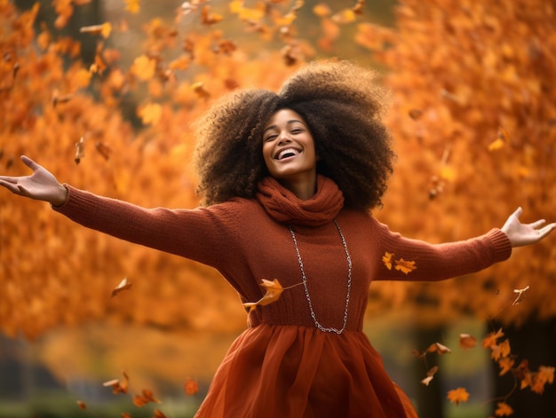 zdjęcie emocjonalnej dynamicznej pozy afrykańskiej kobiety jesienią
