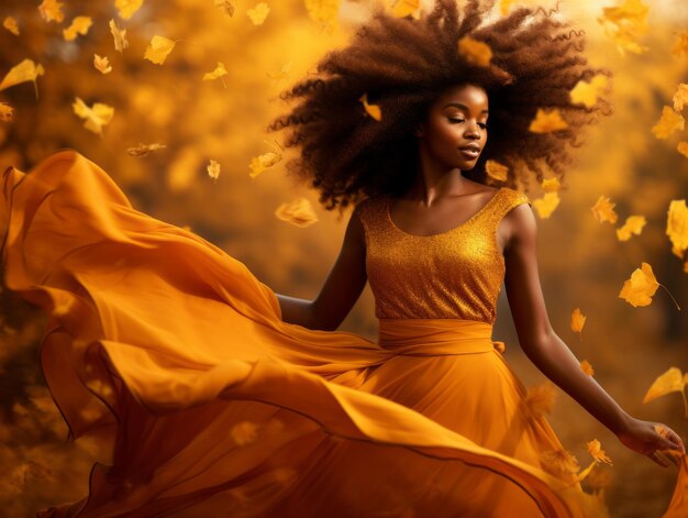 zdjęcie emocjonalnej dynamicznej pozy afrykańskiej kobiety jesienią
