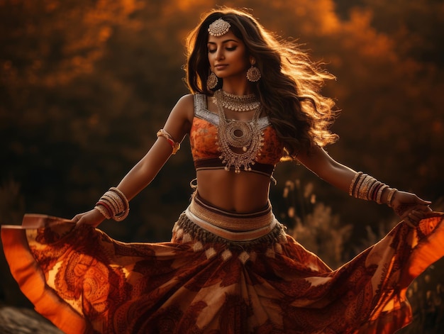 zdjęcie emocjonalnej dynamicznej pozy Hinduska na jesiennym tle