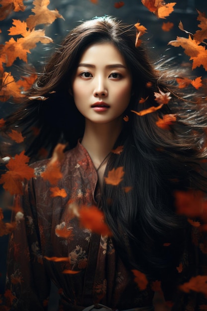 zdjęcie emocjonalnej dynamicznej ułożenia Kobieta azjatyckich jesienią