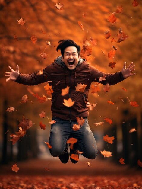 zdjęcie emocjonalnej dynamicznej ułożenia Mężczyzna azjatycki jesienią