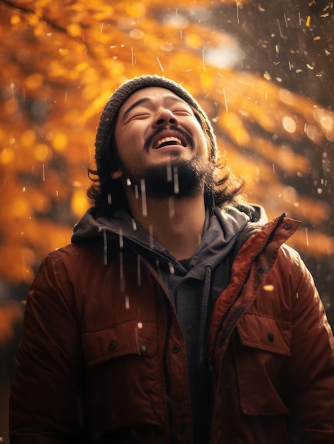 zdjęcie emocjonalnej dynamicznej ułożenia Mężczyzna azjatycki jesienią