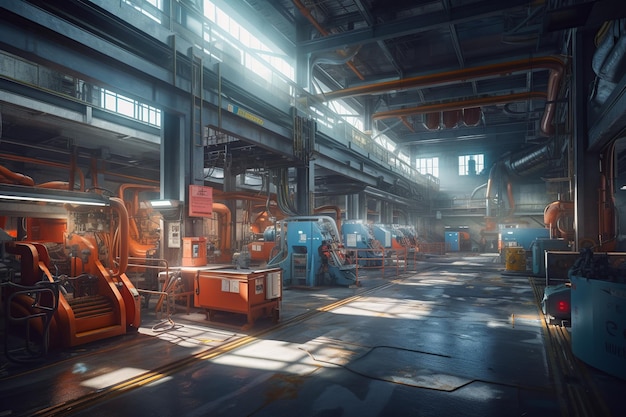 Zdjęcie fabryki z dużym obszarem przemysłowym i dużą liczbą maszyn oraz światłem, które jest na suficie.