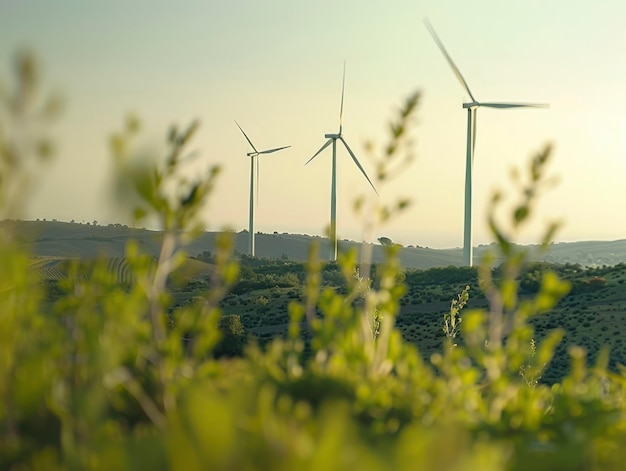 Zdjęcie farmy wiatrowej i energetycznej z niewyraźnym tłem krajobrazu