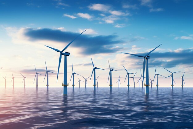 Zdjęcie farmy wiatrowej lub parku wiatrowego z wysokimi turbinami wiatrowymi do wytwarzania energii elektrycznejZielona energia